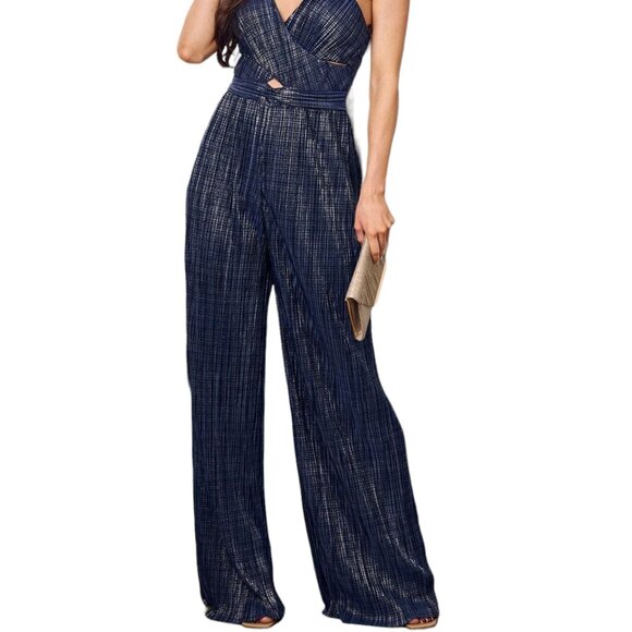 Women`s Sleeveless V-Neck Front Cut Out Shimmer Jumpsuit, Navy, Xsmall-Large - Picture 4 of 6